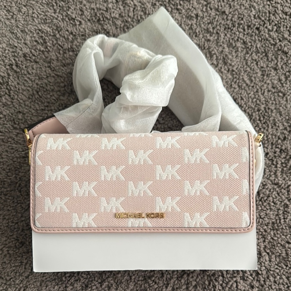Michael Kors Pink and White Clutch with Gold Accents